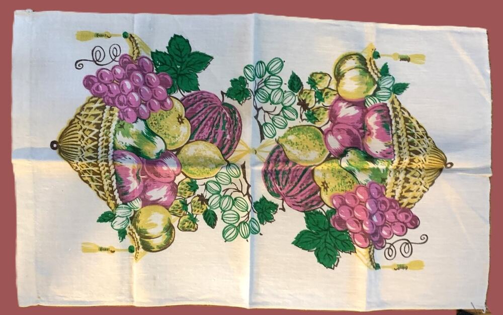Vintage 50s 60s Kitchen Tea Towel with Antique Glass Designs NEW Unused